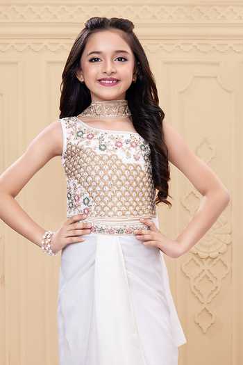 Buy_Mini Stitch_White Georgette Floral Embroidered Top Skirt Set _Online_at_Aza_Fashions