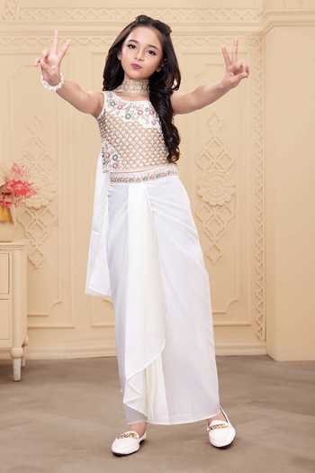 Mini Stitch_White Georgette Floral Embroidered Top Skirt Set _at_Aza_Fashions