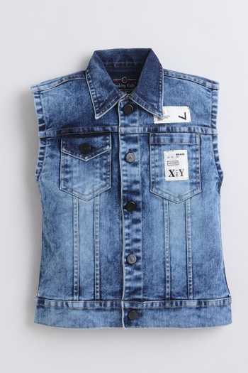 Mini Stitch_Blue Cotton, Denim Printed T Shirt With Jacket _at_Aza_Fashions