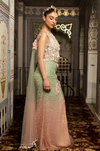 Buy Moledro Pink Organza, Georgette, Net Round Neck 3d Floral Applique Work Dress Online at Aza Fashions Buy_Moledro_Pink Organza, Georgette, Net Round Neck 3d Floral Applique Work Dress _Online_at_Aza_Fashions