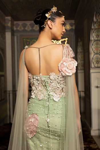 Shop Moledro Pink Organza, Georgette, Net Round Neck 3d Floral Applique Work Dress Online at Aza Fashions Shop_Moledro_Pink Organza, Georgette, Net Round Neck 3d Floral Applique Work Dress _Online_at_Aza_Fashions