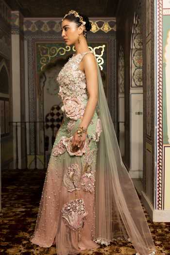 Moledro Pink Organza, Georgette, Net Round Neck 3d Floral Applique Work Dress at Aza Fashions Moledro_Pink Organza, Georgette, Net Round Neck 3d Floral Applique Work Dress _at_Aza_Fashions
