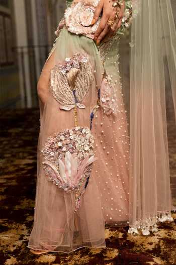 Buy Moledro Pink Organza, Georgette, Net Round Neck 3d Floral Applique Work Dress Buy_Moledro_Pink Organza, Georgette, Net Round Neck 3d Floral Applique Work Dress