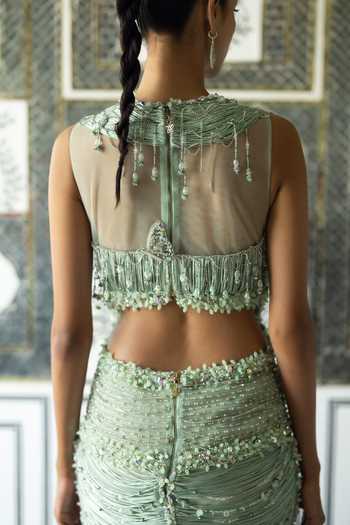 Moledro Mint Organza, Net, Lace V-neck, Plunge Issa Butterfly Embroidered Draped Dress Online at Aza Fashions Moledro_Mint Organza, Net, Lace V-neck, Plunge Issa Butterfly Embroidered Draped Dress _Online_at_Aza_Fashions