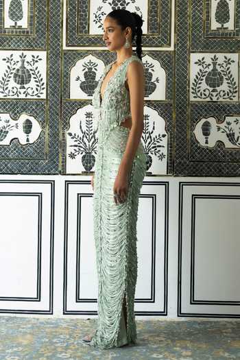 Moledro Mint Organza, Net, Lace V-neck, Plunge Issa Butterfly Embroidered Draped Dress at Aza Fashions Moledro_Mint Organza, Net, Lace V-neck, Plunge Issa Butterfly Embroidered Draped Dress _at_Aza_Fashions