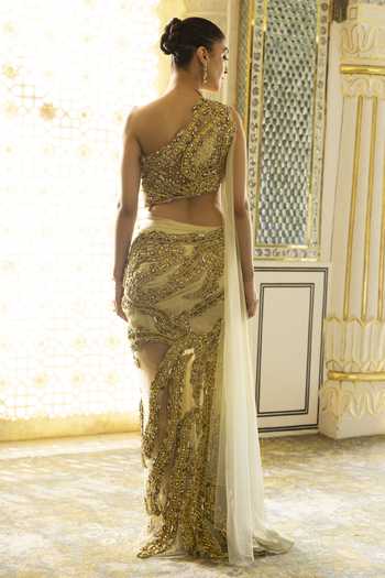 Moledro Aurea One Shoulder Embroidered Blouse & Skirt Set