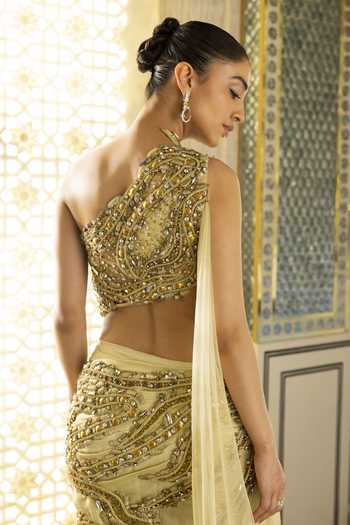 Buy Moledro Yellow Georgette, Net One Shoulder Aurea Embroidered Blouse And Skirt Set Online at Aza Fashions Buy_Moledro_Yellow Georgette, Net One Shoulder Aurea Embroidered Blouse And Skirt Set _Online_at_Aza_Fashions
