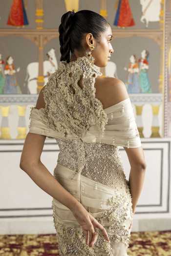 Moledro Ivory Georgette, Net High Neck Aizlin Embellished Dress Online at Aza Fashions Moledro_Ivory Georgette, Net High Neck Aizlin Embellished Dress _Online_at_Aza_Fashions