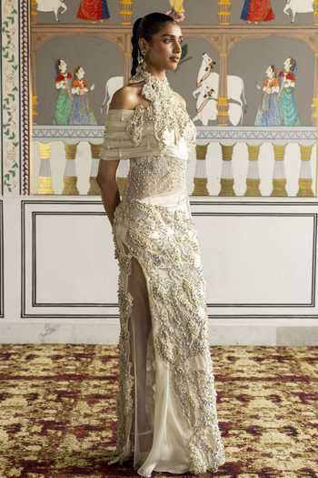Shop Moledro Ivory Georgette, Net High Neck Aizlin Embellished Dress Online at Aza Fashions Shop_Moledro_Ivory Georgette, Net High Neck Aizlin Embellished Dress _Online_at_Aza_Fashions