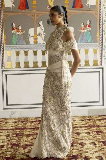 Moledro Ivory Georgette, Net High Neck Aizlin Embellished Dress at Aza Fashions Moledro_Ivory Georgette, Net High Neck Aizlin Embellished Dress _at_Aza_Fashions