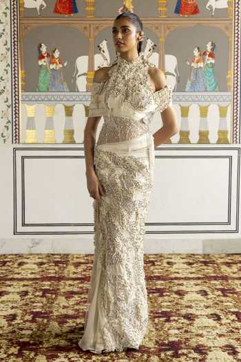 Buy Moledro Ivory Georgette, Net High Neck Aizlin Embellished Dress Buy_Moledro_Ivory Georgette, Net High Neck Aizlin Embellished Dress