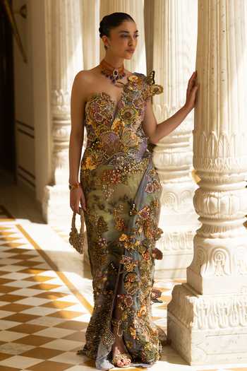 Moledro Purple Net, Shantoon Asymmetric Neck, Nerina Rainbow Sequin Embroidered Dress Online at Aza Fashions Moledro_Purple Net, Shantoon Asymmetric Neck, Nerina Rainbow Sequin Embroidered Dress _Online_at_Aza_Fashions