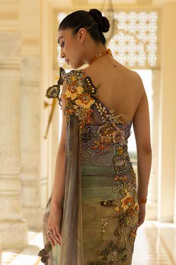 Buy_Moledro_Purple Net, Shantoon Asymmetric Neck, Nerina Rainbow Sequin Embroidered Dress _Online_at_Aza_Fashions