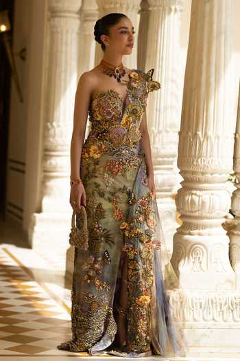 Buy Moledro Purple Net, Shantoon Asymmetric Neck, Nerina Rainbow Sequin Embroidered Dress Buy_Moledro_Purple Net, Shantoon Asymmetric Neck, Nerina Rainbow Sequin Embroidered Dress