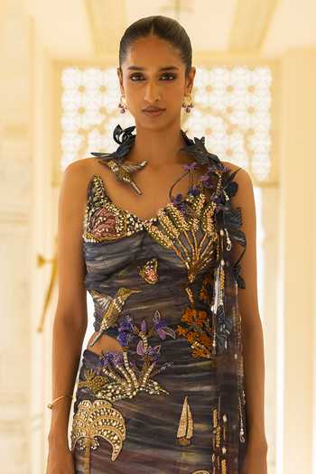 Buy_Moledro_Blue Georgette, Net Asymmetric Neck Nyx Embroidered Maxi Dress _Online_at_Aza_Fashions