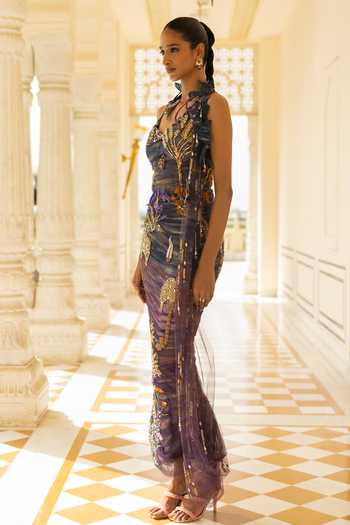 Moledro Blue Georgette, Net Asymmetric Neck Nyx Embroidered Maxi Dress at Aza Fashions Moledro_Blue Georgette, Net Asymmetric Neck Nyx Embroidered Maxi Dress _at_Aza_Fashions