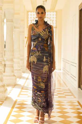 Buy Moledro Blue Georgette, Net Asymmetric Neck Nyx Embroidered Maxi Dress Buy_Moledro_Blue Georgette, Net Asymmetric Neck Nyx Embroidered Maxi Dress