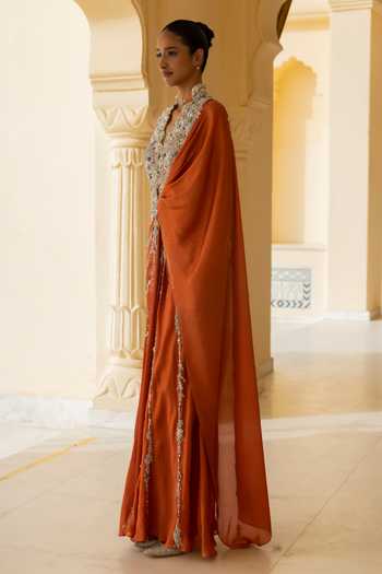 Moledro Coral Georgette, Net Embroidery, Sequins, Beads, Gaia Embellished Saree Gown Online at Aza Fashions Moledro_Coral Georgette, Net Embroidery, Sequins, Beads, Gaia Embellished Saree Gown _Online_at_Aza_Fashions