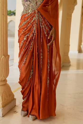 Buy Moledro Coral Georgette, Net Embroidery, Sequins, Beads, Gaia Embellished Saree Gown Online at Aza Fashions Buy_Moledro_Coral Georgette, Net Embroidery, Sequins, Beads, Gaia Embellished Saree Gown _Online_at_Aza_Fashions