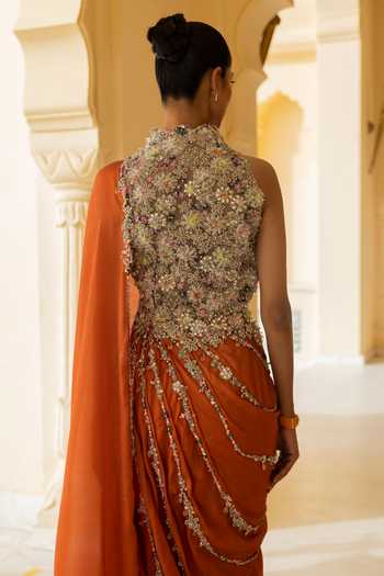 Shop Moledro Coral Georgette, Net Embroidery, Sequins, Beads, Gaia Embellished Saree Gown Online at Aza Fashions Shop_Moledro_Coral Georgette, Net Embroidery, Sequins, Beads, Gaia Embellished Saree Gown _Online_at_Aza_Fashions
