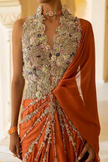 Moledro Coral Georgette, Net Embroidery, Sequins, Beads, Gaia Embellished Saree Gown at Aza Fashions Moledro_Coral Georgette, Net Embroidery, Sequins, Beads, Gaia Embellished Saree Gown _at_Aza_Fashions