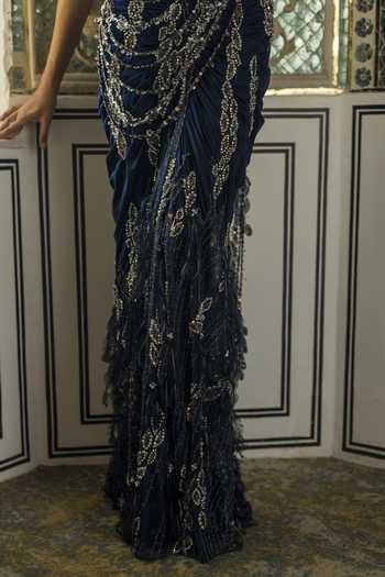 Buy Moledro Blue Lycra, Net Halter Neck Ailiz Pre Draped Saree With Embroidered Blouse Online at Aza Fashions Buy_Moledro_Blue Lycra, Net Halter Neck Ailiz Pre Draped Saree With Embroidered Blouse _Online_at_Aza_Fashions