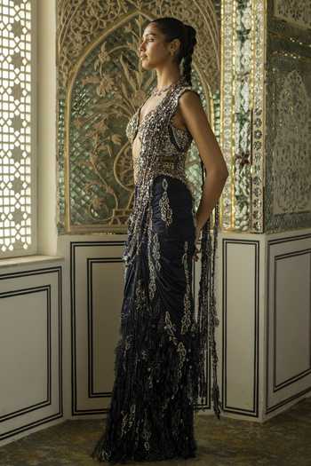 Shop Moledro Blue Lycra, Net Halter Neck Ailiz Pre Draped Saree With Embroidered Blouse Online at Aza Fashions Shop_Moledro_Blue Lycra, Net Halter Neck Ailiz Pre Draped Saree With Embroidered Blouse _Online_at_Aza_Fashions