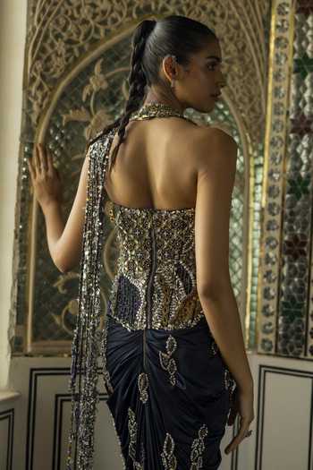 Moledro Blue Lycra, Net Halter Neck Ailiz Pre Draped Saree With Embroidered Blouse at Aza Fashions Moledro_Blue Lycra, Net Halter Neck Ailiz Pre Draped Saree With Embroidered Blouse _at_Aza_Fashions