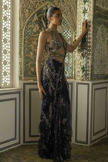 Shop Moledro Blue Lycra, Net Halter Neck Ailiz Pre Draped Saree With Embroidered Blouse Shop_Moledro_Blue Lycra, Net Halter Neck Ailiz Pre Draped Saree With Embroidered Blouse