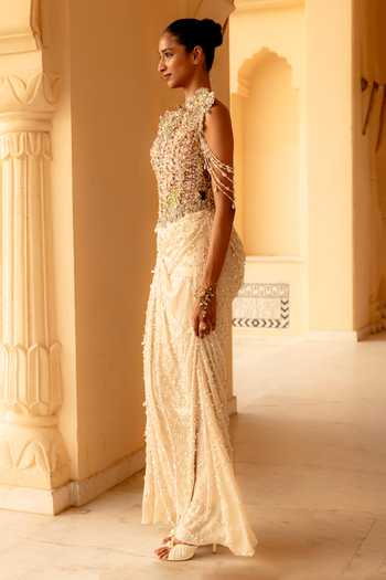 Moledro Ivory Georgette, Net One Shoulder Meliea Pearl Embellished Draped Dress Online at Aza Fashions Moledro_Ivory Georgette, Net One Shoulder Meliea Pearl Embellished Draped Dress _Online_at_Aza_Fashions