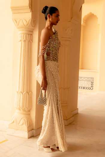 Buy Moledro Ivory Georgette, Net One Shoulder Meliea Pearl Embellished Draped Dress Online at Aza Fashions Buy_Moledro_Ivory Georgette, Net One Shoulder Meliea Pearl Embellished Draped Dress _Online_at_Aza_Fashions