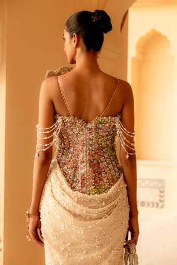 Shop Moledro Ivory Georgette, Net One Shoulder Meliea Pearl Embellished Draped Dress Online at Aza Fashions Shop_Moledro_Ivory Georgette, Net One Shoulder Meliea Pearl Embellished Draped Dress _Online_at_Aza_Fashions