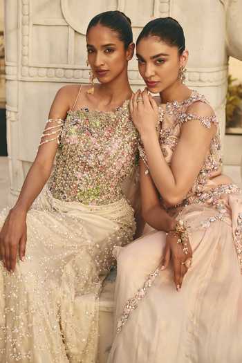 Moledro Ivory Georgette, Net One Shoulder Meliea Pearl Embellished Draped Dress at Aza Fashions Moledro_Ivory Georgette, Net One Shoulder Meliea Pearl Embellished Draped Dress _at_Aza_Fashions