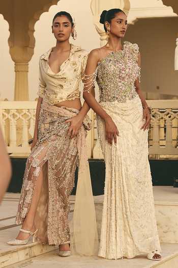Buy Moledro Ivory Georgette, Net One Shoulder Meliea Pearl Embellished Draped Dress Buy_Moledro_Ivory Georgette, Net One Shoulder Meliea Pearl Embellished Draped Dress