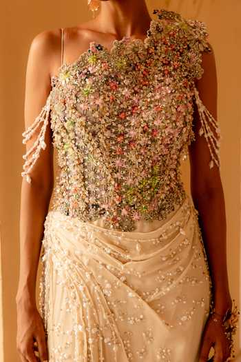 Shop Moledro Ivory Georgette, Net One Shoulder Meliea Pearl Embellished Draped Dress Shop_Moledro_Ivory Georgette, Net One Shoulder Meliea Pearl Embellished Draped Dress