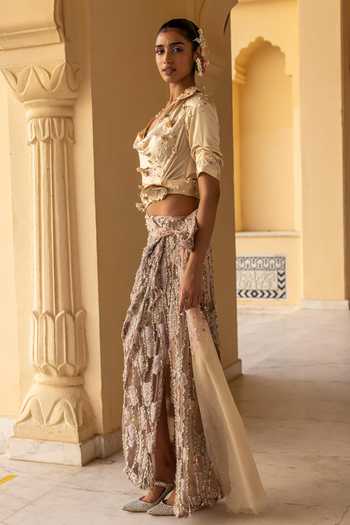Moledro Ivory Silk, Net, Lycra Cowl Neck Kaia Gavadin Draped Shirt With Skirt Online at Aza Fashions Moledro_Ivory Silk, Net, Lycra Cowl Neck Kaia Gavadin Draped Shirt With Skirt _Online_at_Aza_Fashions