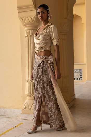 Buy Moledro Ivory Silk, Net, Lycra Cowl Neck Kaia Gavadin Draped Shirt With Skirt Online at Aza Fashions Buy_Moledro_Ivory Silk, Net, Lycra Cowl Neck Kaia Gavadin Draped Shirt With Skirt _Online_at_Aza_Fashions