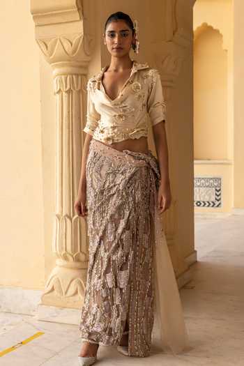 Moledro Kaia Gavadin Draped Cowl Neck Shirt With Skirt