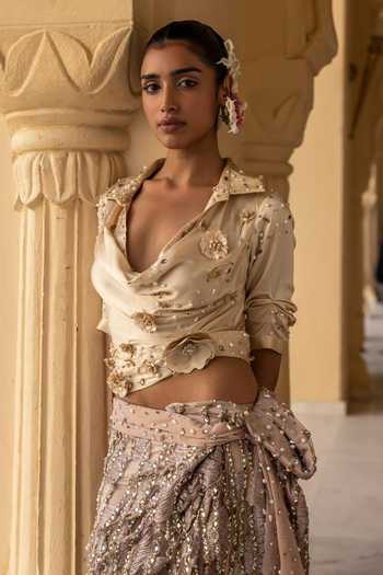 Shop Moledro Ivory Silk, Net, Lycra Cowl Neck Kaia Gavadin Draped Shirt With Skirt Online at Aza Fashions Shop_Moledro_Ivory Silk, Net, Lycra Cowl Neck Kaia Gavadin Draped Shirt With Skirt _Online_at_Aza_Fashions