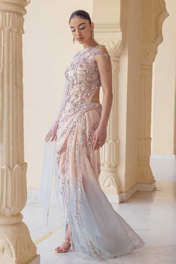 Moledro Pink Georgette, Net, Lycra Round Neck Ophelia Embellished Draped Dress Online at Aza Fashions Moledro_Pink Georgette, Net, Lycra Round Neck Ophelia Embellished Draped Dress _Online_at_Aza_Fashions
