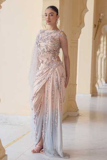 Buy Moledro Pink Georgette, Net, Lycra Round Neck Ophelia Embellished Draped Dress Online at Aza Fashions Buy_Moledro_Pink Georgette, Net, Lycra Round Neck Ophelia Embellished Draped Dress _Online_at_Aza_Fashions