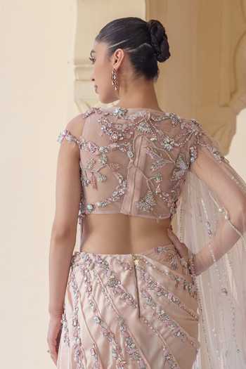 Shop Moledro Pink Georgette, Net, Lycra Round Neck Ophelia Embellished Draped Dress Online at Aza Fashions Shop_Moledro_Pink Georgette, Net, Lycra Round Neck Ophelia Embellished Draped Dress _Online_at_Aza_Fashions