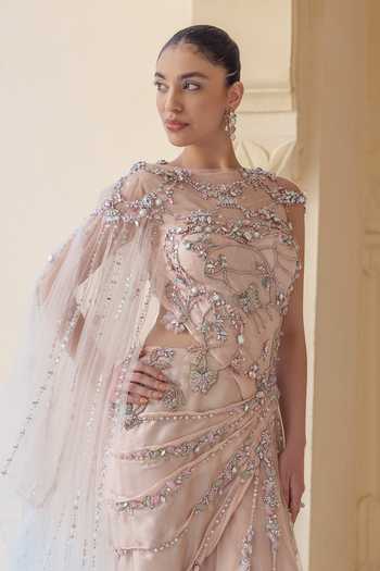 Moledro Pink Georgette, Net, Lycra Round Neck Ophelia Embellished Draped Dress at Aza Fashions Moledro_Pink Georgette, Net, Lycra Round Neck Ophelia Embellished Draped Dress _at_Aza_Fashions