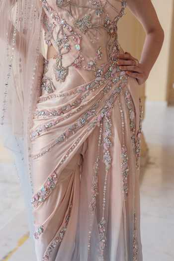 Buy Moledro Pink Georgette, Net, Lycra Round Neck Ophelia Embellished Draped Dress Buy_Moledro_Pink Georgette, Net, Lycra Round Neck Ophelia Embellished Draped Dress