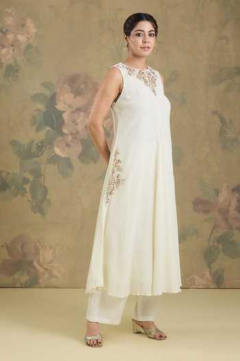Studio A_Ivory Cotton, Chinon Round Neck Placement Embroidered Anarkali Set _Online_at_Aza_Fashions