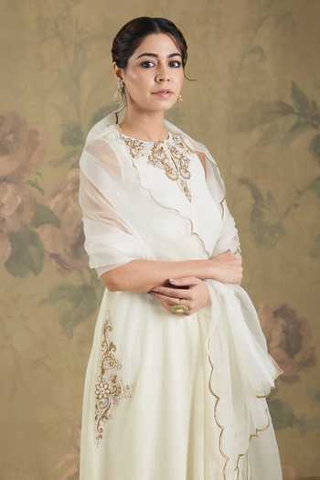 Buy_Studio A_Ivory Cotton, Chinon Round Neck Placement Embroidered Anarkali Set _Online_at_Aza_Fashions