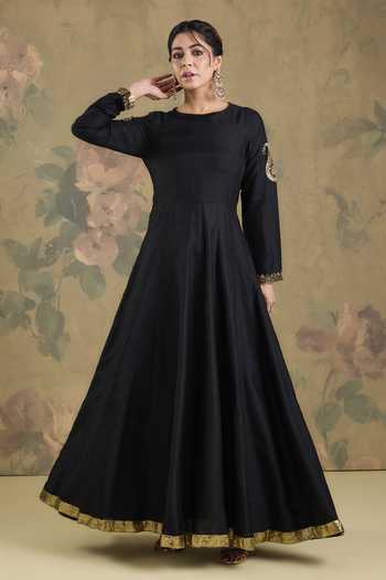 Buy_Studio A_Black Silk Round , Scoop Embroidered Jacket With Anarkali Set _Online_at_Aza_Fashions