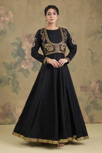 Shop_Studio A_Black Silk Round , Scoop Embroidered Jacket With Anarkali Set _Online_at_Aza_Fashions