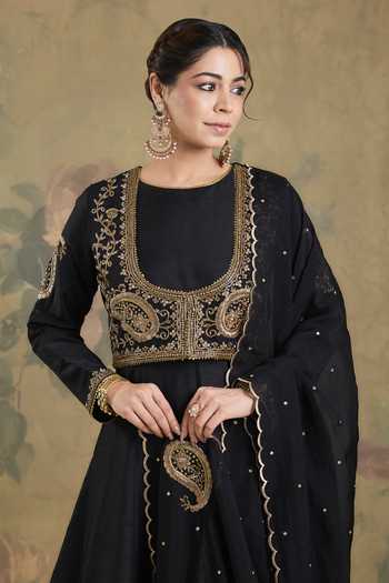 Studio A_Black Silk Round , Scoop Embroidered Jacket With Anarkali Set _at_Aza_Fashions