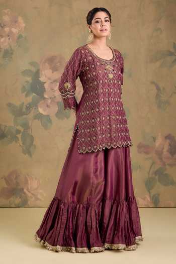 Studio A Magenta Tissue Scoop Neck Embroidered Kurta Sharara Set Online at Aza Fashions Studio A_Magenta Tissue Scoop Neck Embroidered Kurta Sharara Set _Online_at_Aza_Fashions